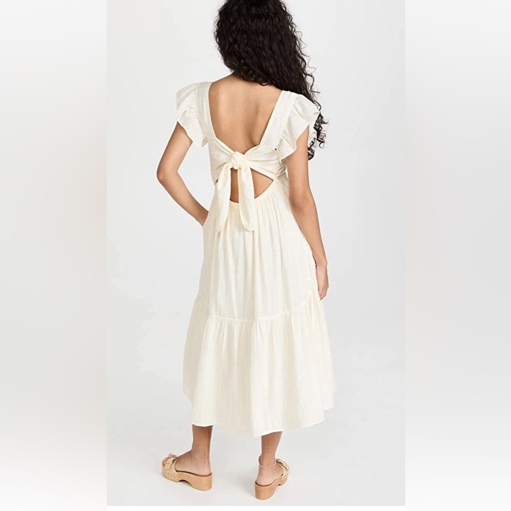 Madewell Ivory Textural Stripe Ruffle Strap Bow-Tie Back Tiered Mid Dress